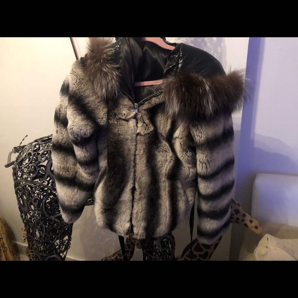 Chinchilla jacket with fur hood coat
